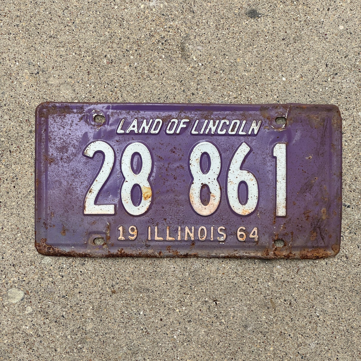 Photo of a 1964 Illinois License Plate Auto Tag Garage Decor Vintage Purple 28 861 with original patina