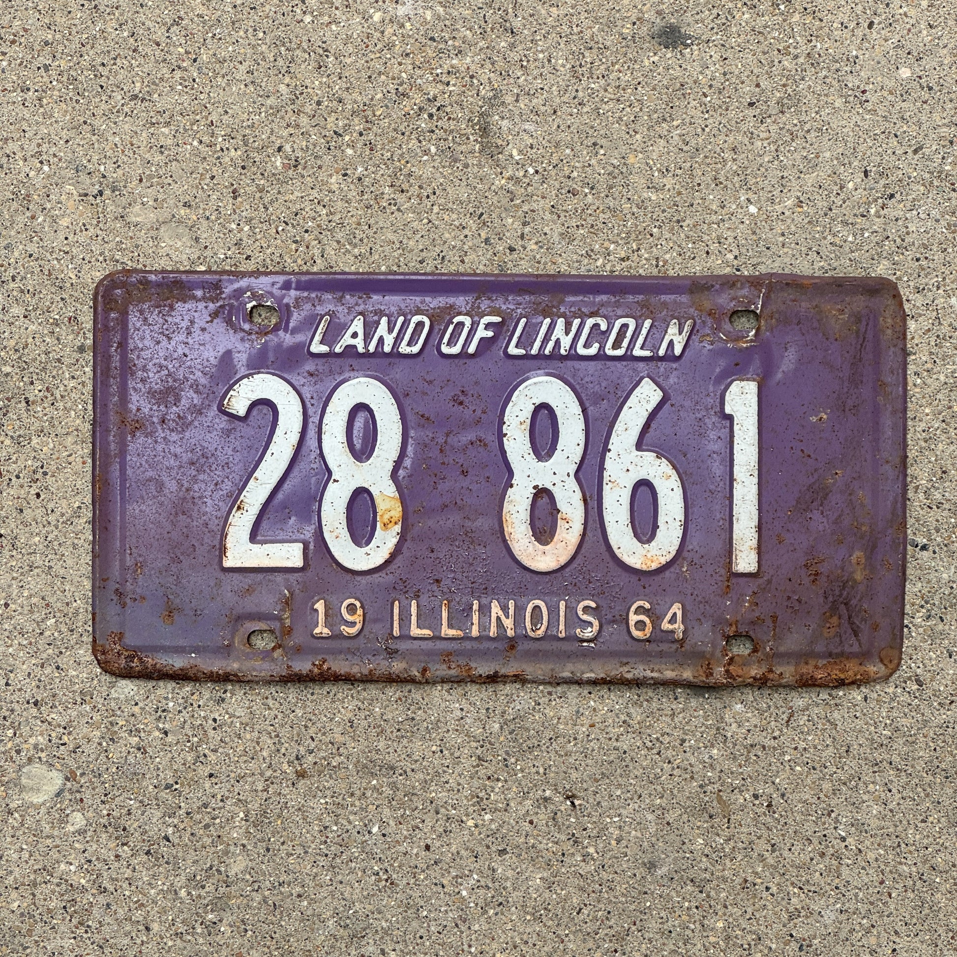 Photo of a 1964 Illinois License Plate Auto Tag Garage Decor Vintage Purple 28 861 with original patina