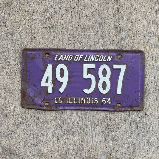 Photo of a 1964 Illinois License Plate Auto Tag Garage Decor Vintage Purple 49 587 with original patina