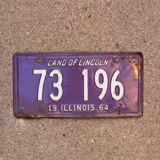 Photo of a 1964 Illinois License Plate Auto Tag Garage Decor Vintage Purple 73 196 with original patina