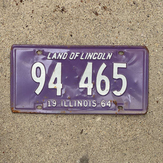Photo of a 1964 Illinois License Plate Auto Tag Garage Decor Vintage Purple 94 465 with original patina