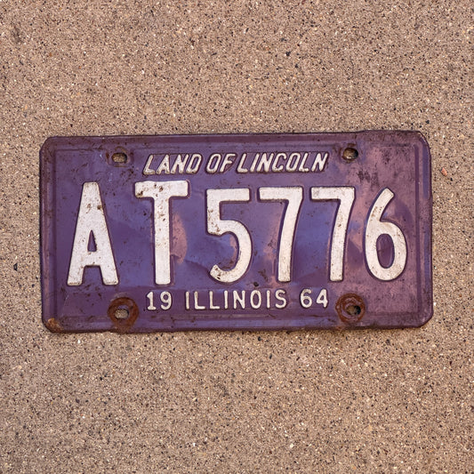 Photo of a 1964 Illinois License Plate Auto Tag Garage Decor Vintage Purple AT 5776 with original patina