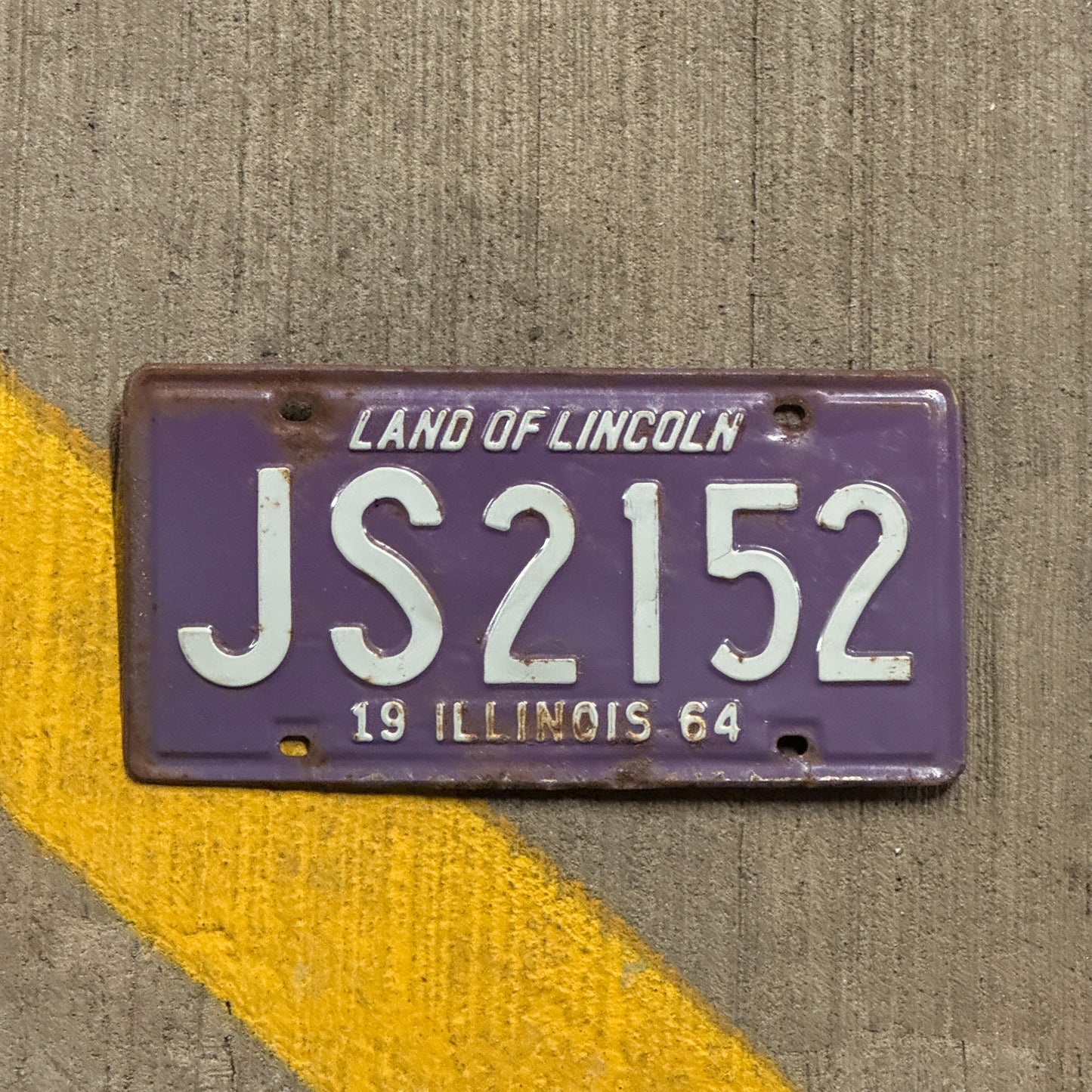 Photo of a 1964 Illinois License Plate Auto Tag Garage Decor Vintage Purple JS 2152 with original patina