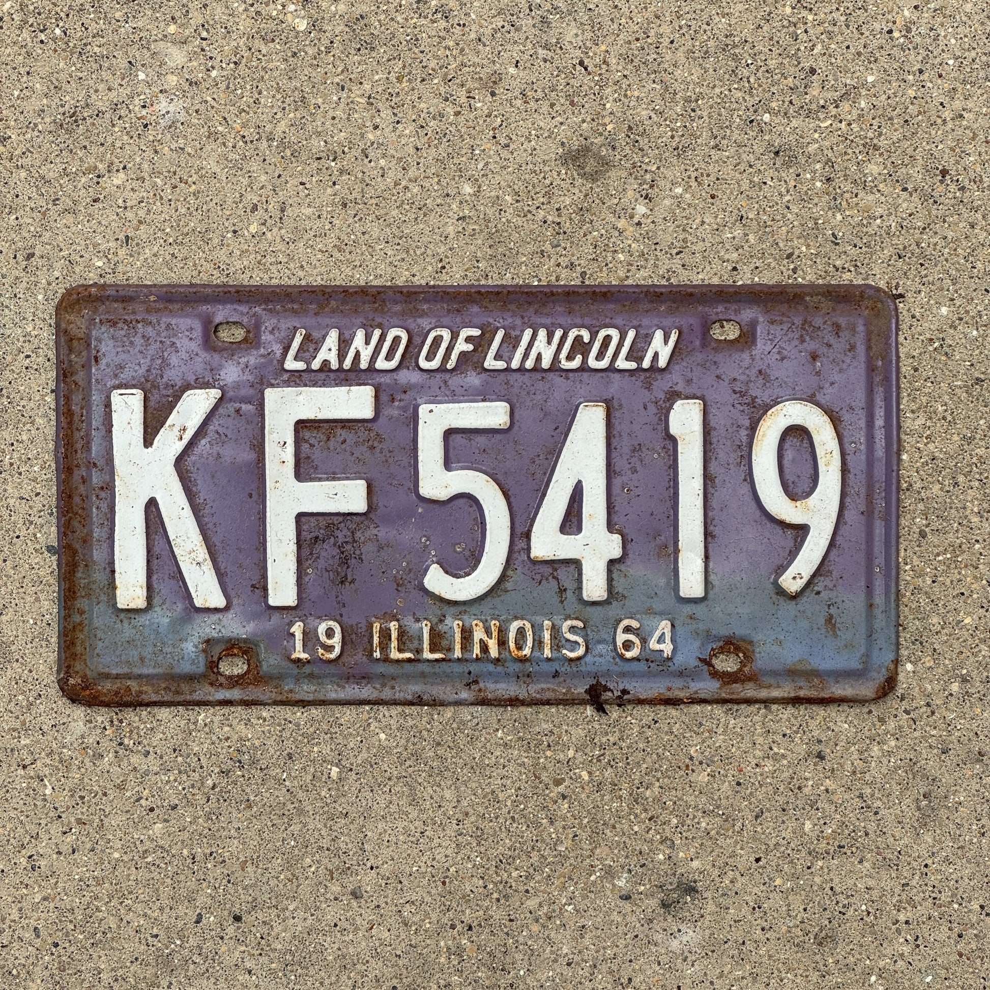 Photo of a 1964 Illinois License Plate Auto Tag Garage Decor Vintage Purple KF 5419 with original patina