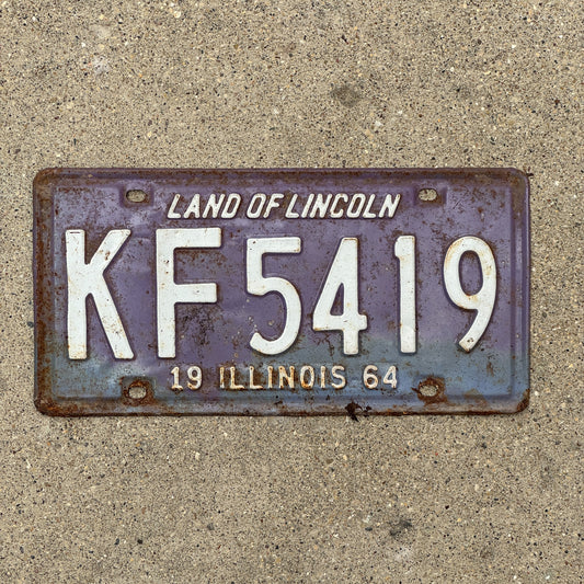 Photo of a 1964 Illinois License Plate Auto Tag Garage Decor Vintage Purple KF 5419 with original patina