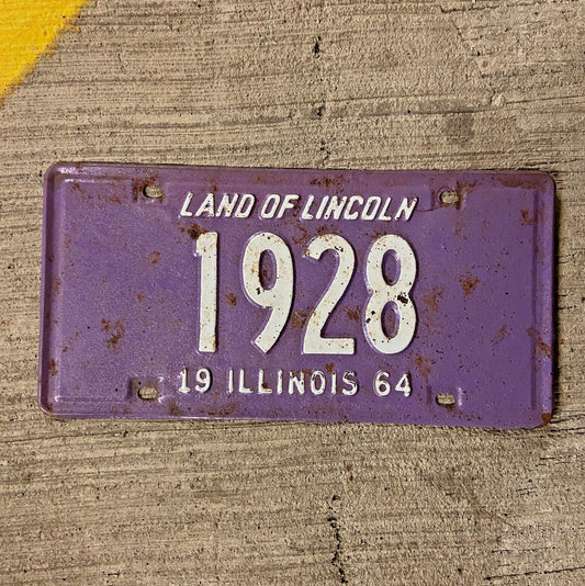 Photo of a 1964 Illinois License Plate Auto Tag Garage Decor Vintage Purple Low Number Four Digit 1928 with original patina