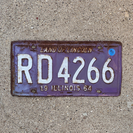 Photo of a 1964 Illinois License Plate Auto Tag Garage Decor Vintage Purple RD 4266 with original patina