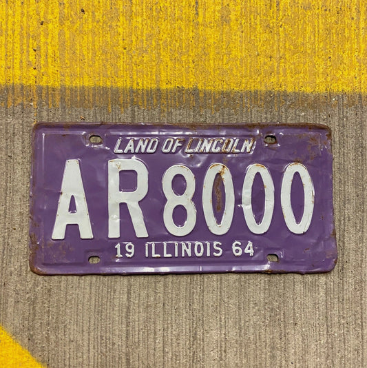 Photo of a 1964 Illinois License Plate Auto Tag Garage Decor Vintage Purple Repeat Repeating AR 8000 with original patina