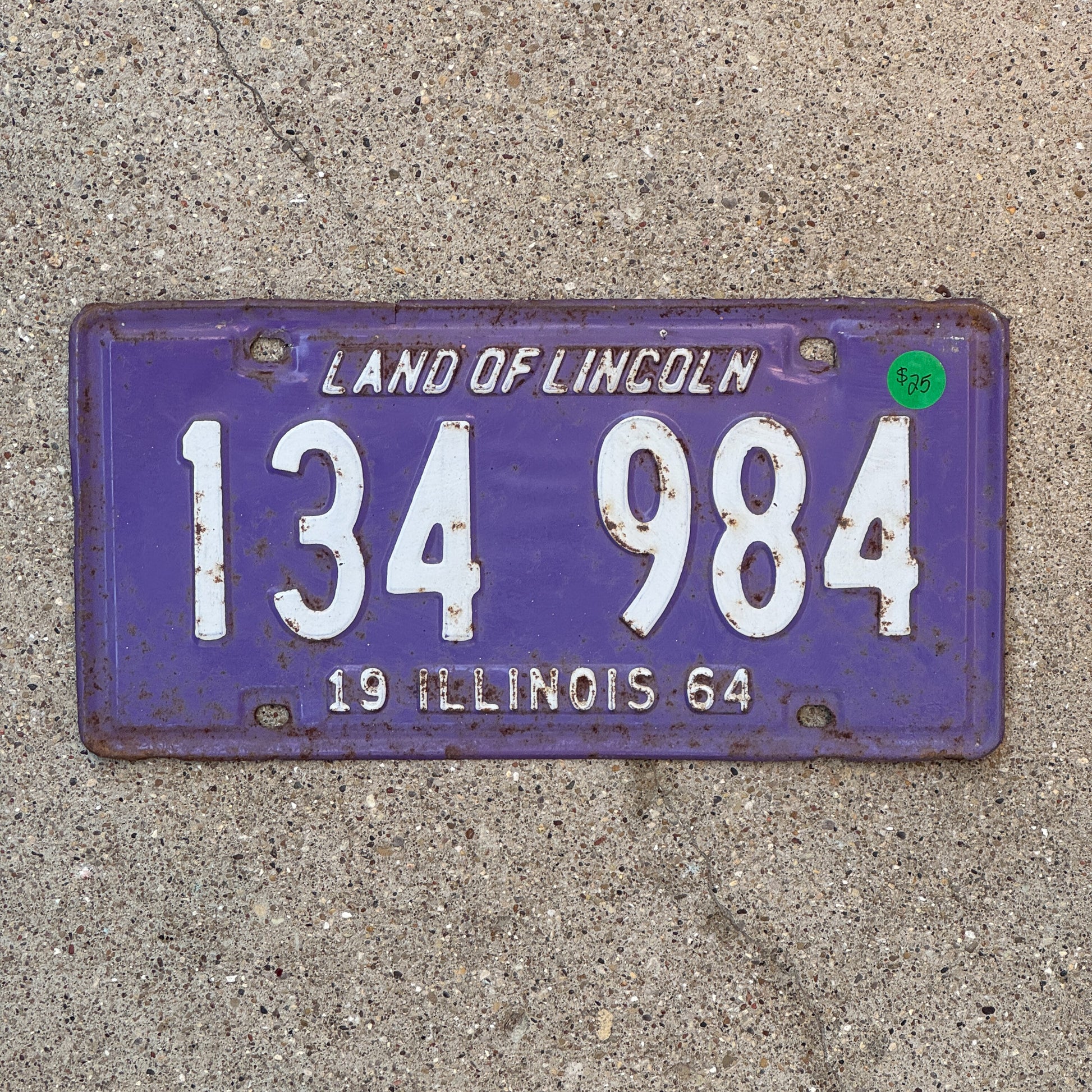 Photo of a 1964 Illinois License Plate Auto Tag 2 Garage Decor Purple 134 984 with original patina