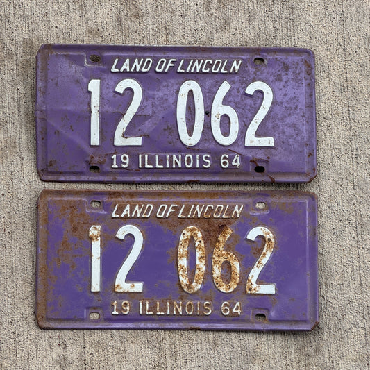 Photo of a 1964 Illinois License Plate Pair Auto Tag Garage Decor Vintage Purple 12 062 with original patina
