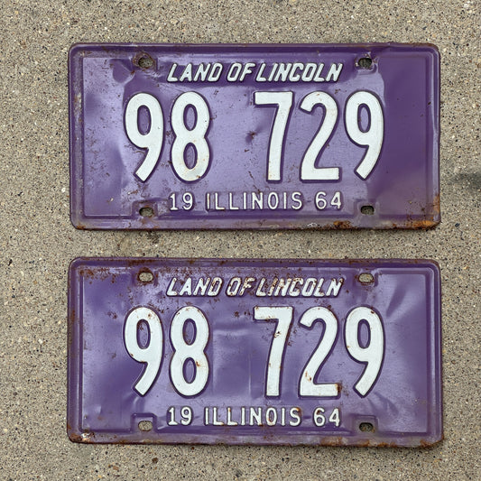 Photo of a 1964 Illinois License Plate Pair Auto Tag Garage Decor Vintage Purple 98 729 with original patina