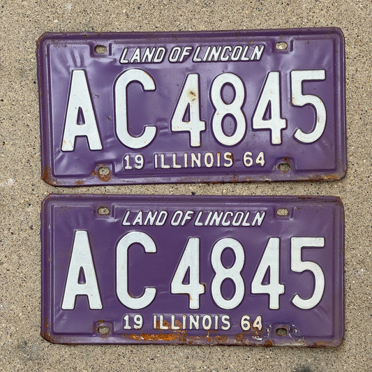 Photo of a 1964 Illinois License Plate Pair Auto Tag Garage Decor Vintage Purple AC 4845 with original patina