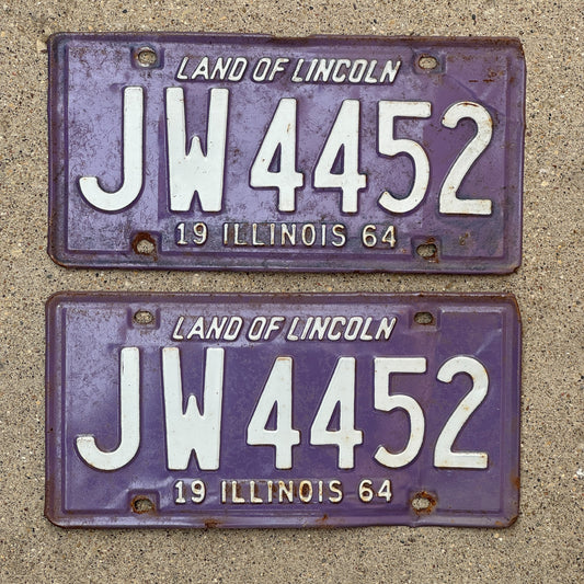 Photo of a 1964 Illinois License Plate Pair Auto Tag Garage Decor Vintage Purple JW 4452 with original patina
