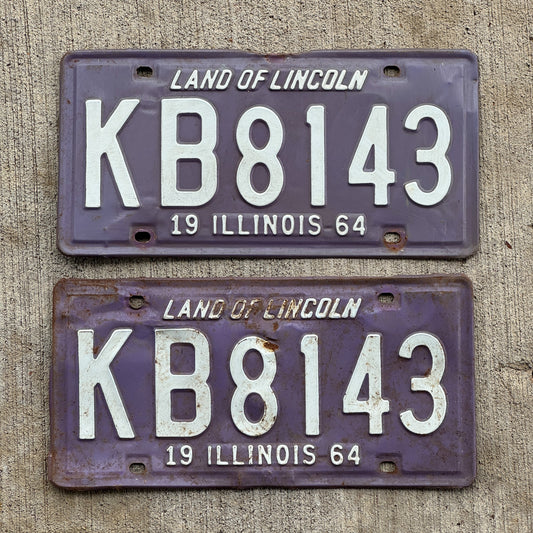 Photo of a 1964 Illinois License Plate Pair Auto Tag Garage Decor Vintage Purple KB 8143 with original patina