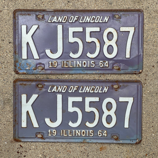 Photo of a 1964 Illinois License Plate Pair Auto Tag Garage Decor Vintage Purple KJ 5587 with original patina