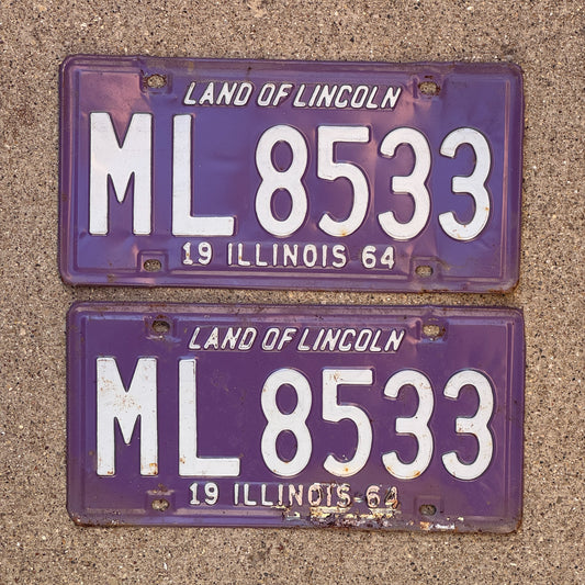 Photo of a 1964 Illinois License Plate Pair Auto Tag Garage Decor Vintage Purple ML 8533 with original patina