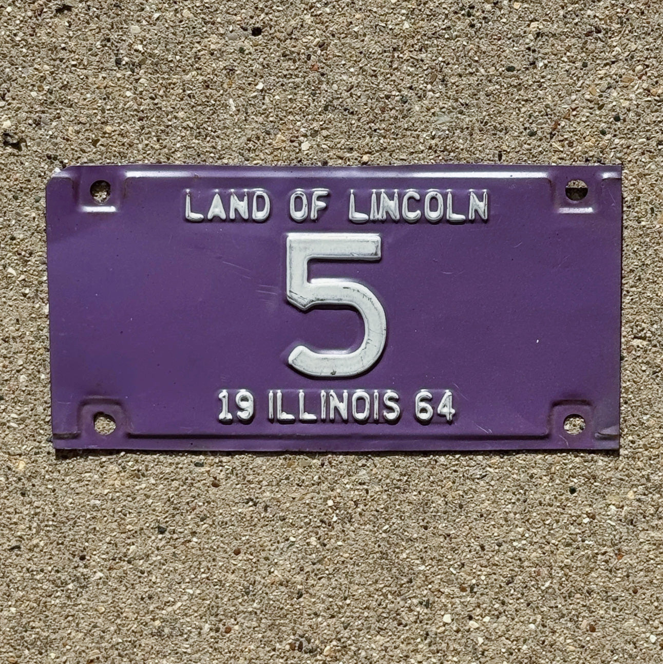 Photo of a 1964 Illinois Motorcycle License Plate Auto Tag Garage Decor Vintage Low Number Single 5 with original patina