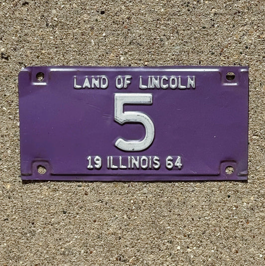 Photo of a 1964 Illinois Motorcycle License Plate Auto Tag Garage Decor Vintage Low Number Single 5 with original patina