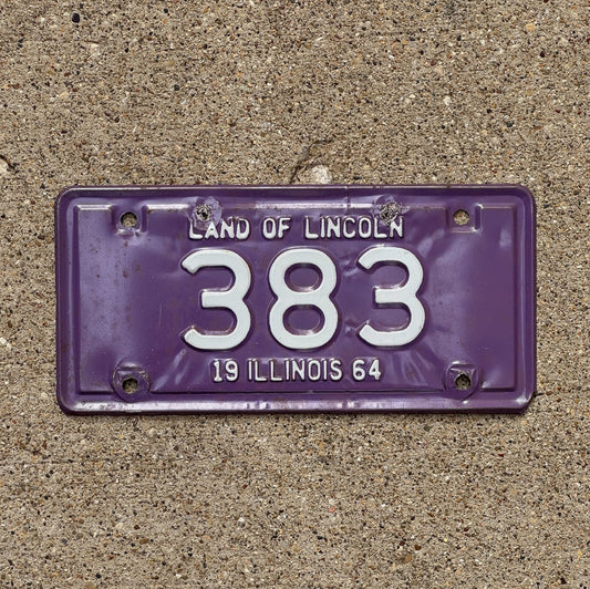 Photo of a 1964 Illinois Motorcycle License Plate Auto Tag Garage Decor Vintage Low Number Three Digit 383 with original patina