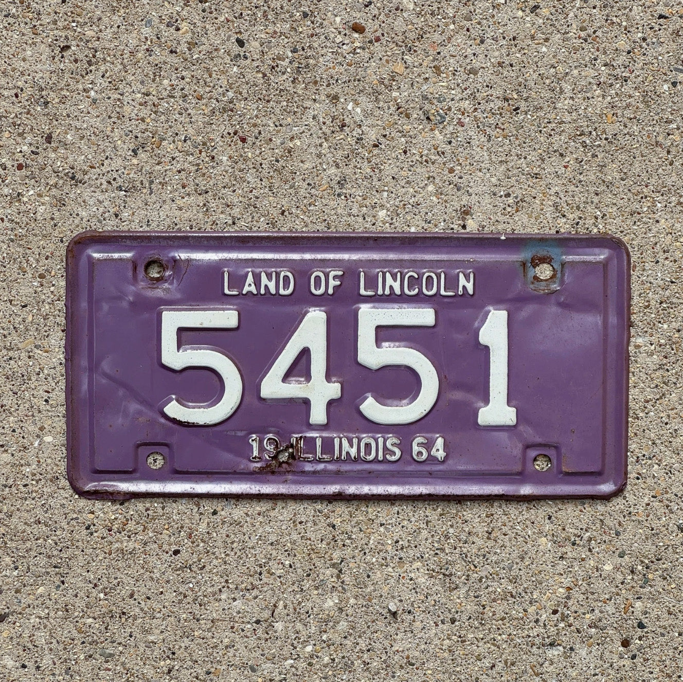 Photo of a 1964 Illinois Motorcycle License Plate Auto Tag Garage Decor Vintage Purple 5451 with original patina