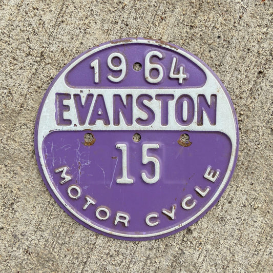Photo of a 1964 Illinois Motorcycle Tax Tag License Plate Auto Tag Garage Decor Vintage Chicago Northwestern Colors Purple 15 with original patina