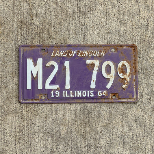 Photo of a 1964 Illinois Municipal License Plate Auto Tag 1 Vintage Garage Purple M 21 799 with original patina