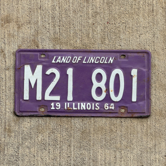 Photo of a 1964 Illinois Municipal License Plate Auto Tag 1 Vintage Garage Purple M 21 801 with original patina