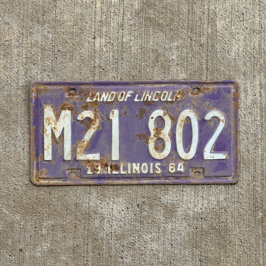 Photo of a 1964 Illinois Municipal License Plate Auto Tag 1 Vintage Garage Purple M 21 802 with original patina