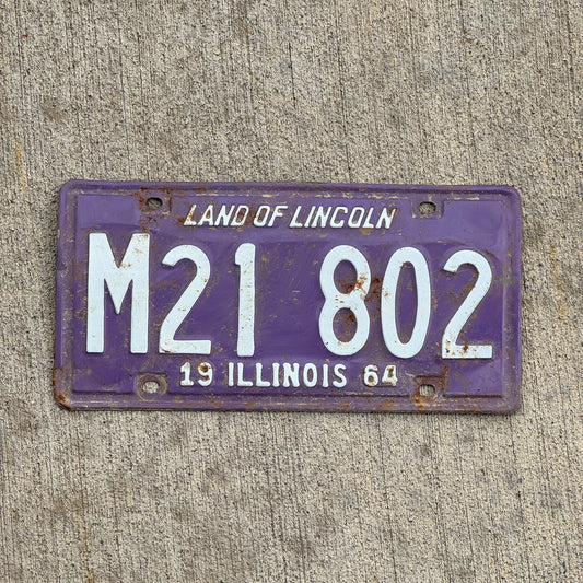 Photo of a 1964 Illinois Municipal License Plate Auto Tag 2 Vintage Garage Purple M 21 802 with original patina