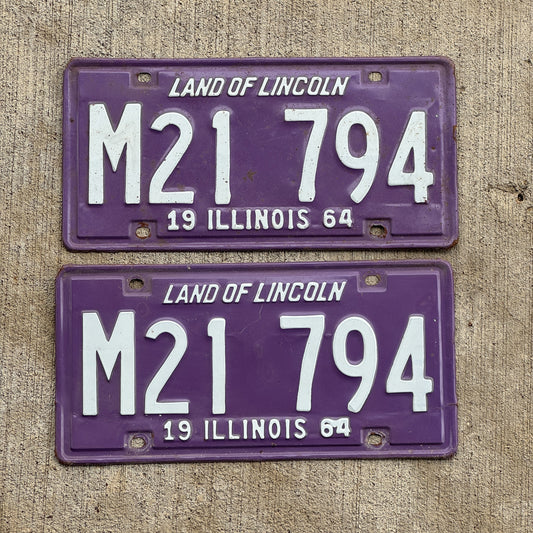 Photo of a 1964 Illinois Municipal License Plate Pair Auto Tag Garage Decor Vintage Purple M 21 794 with original patina