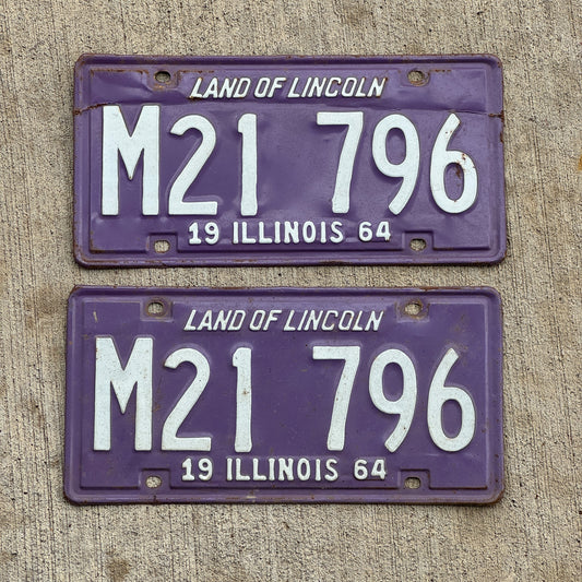 Photo of a 1964 Illinois Municipal License Plate Pair Auto Tag Garage Decor Vintage Purple M 21 796 with original patina