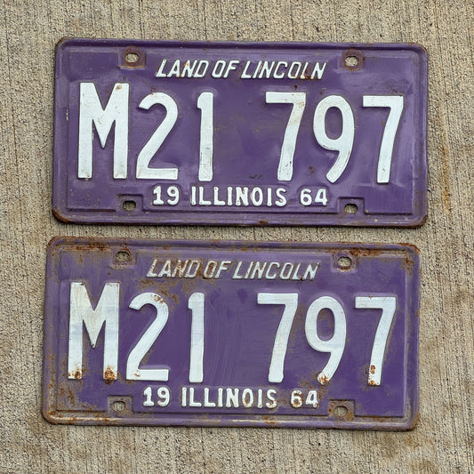 Photo of a 1964 Illinois Municipal License Plate Pair Auto Tag Garage Decor Vintage Purple M 21 797 with original patina