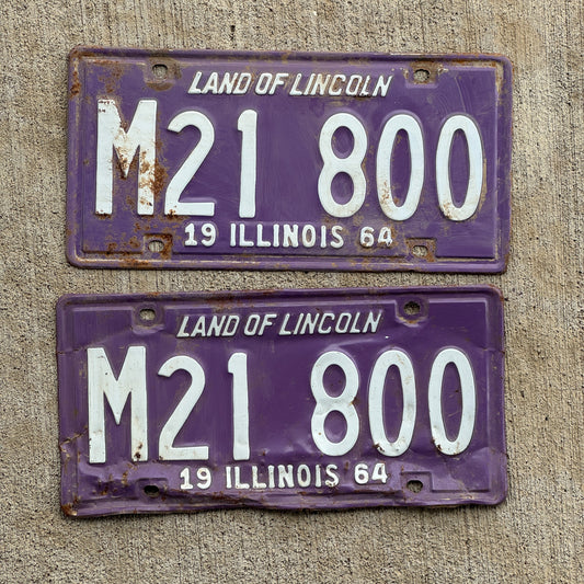 Photo of a 1964 Illinois Municipal License Plate Pair Auto Tag Garage Decor Vintage Purple M 21 800 with original patina