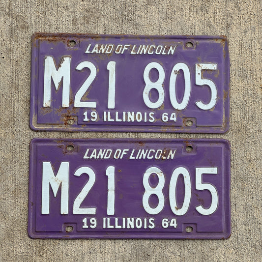 Photo of a 1964 Illinois Municipal License Plate Pair Auto Tag Garage Decor Vintage Purple M 21 805 with original patina