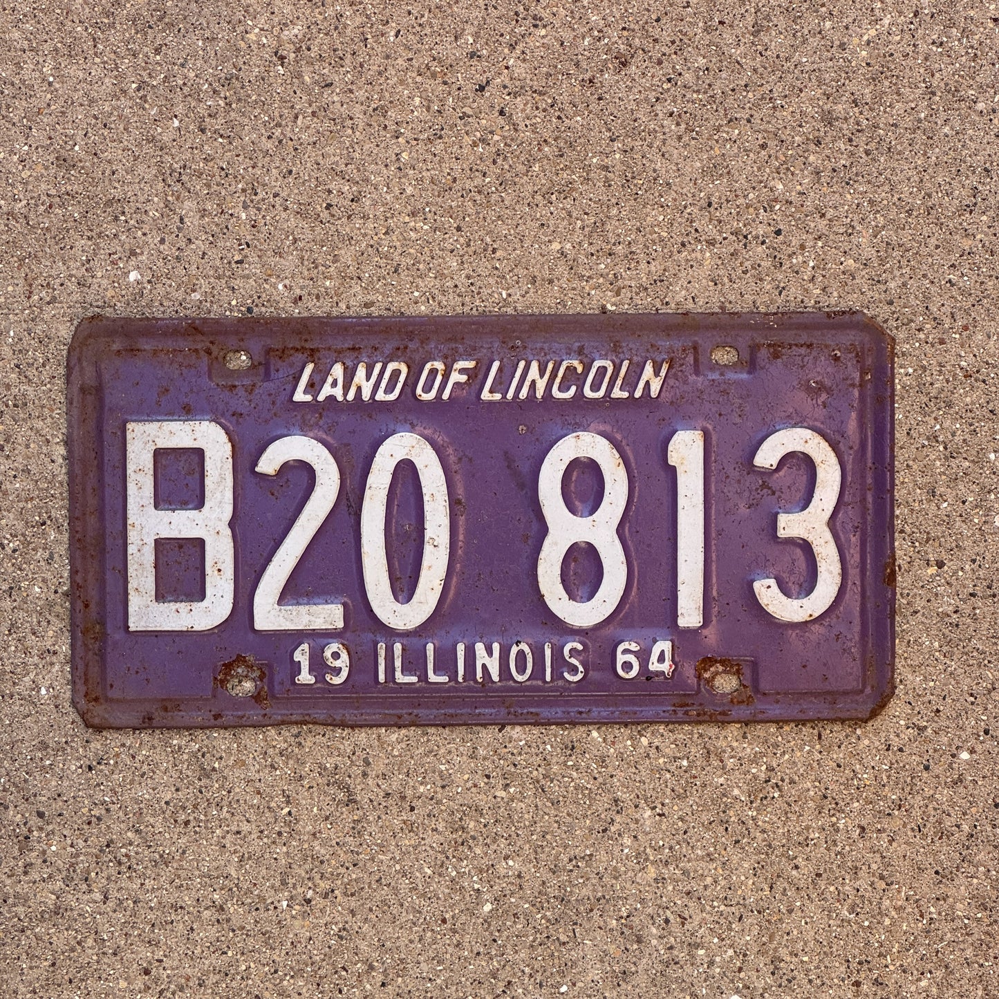 Photo of a 1964 Illinois Truck License Plate Auto Tag 2 Vintage Garage Purple B 20 813 with original patina