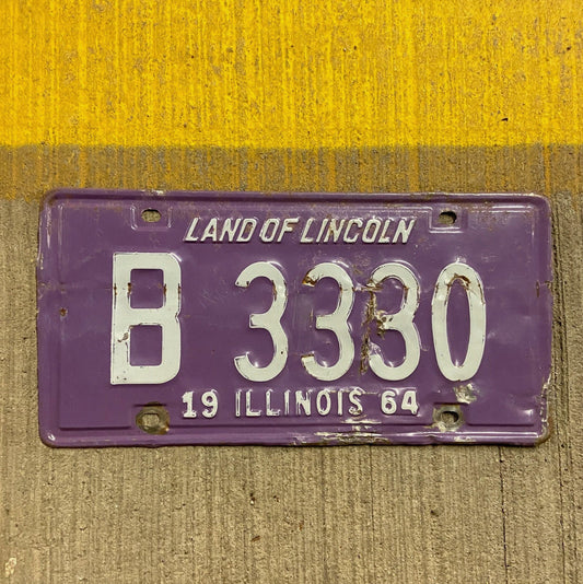 Photo of a 1964 Illinois Truck License Plate Auto Tag Garage Decor Vintage Purple 333 Repeat Repeating B 3330 with original patina
