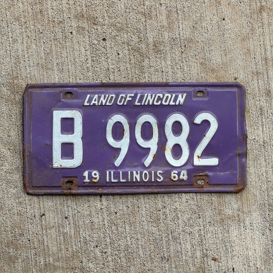 Photo of a 1964 Illinois Truck License Plate Auto Tag Garage Decor Vintage Purple B 9982 with original patina