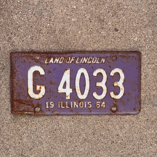 Photo of a 1964 Illinois Truck License Plate Auto Tag Garage Decor Vintage Purple G 4033 with original patina