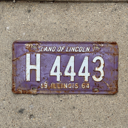 Photo of a 1964 Illinois Truck License Plate Auto Tag Garage Decor Vintage Repeat Repeating Purple H 4443 with original patina