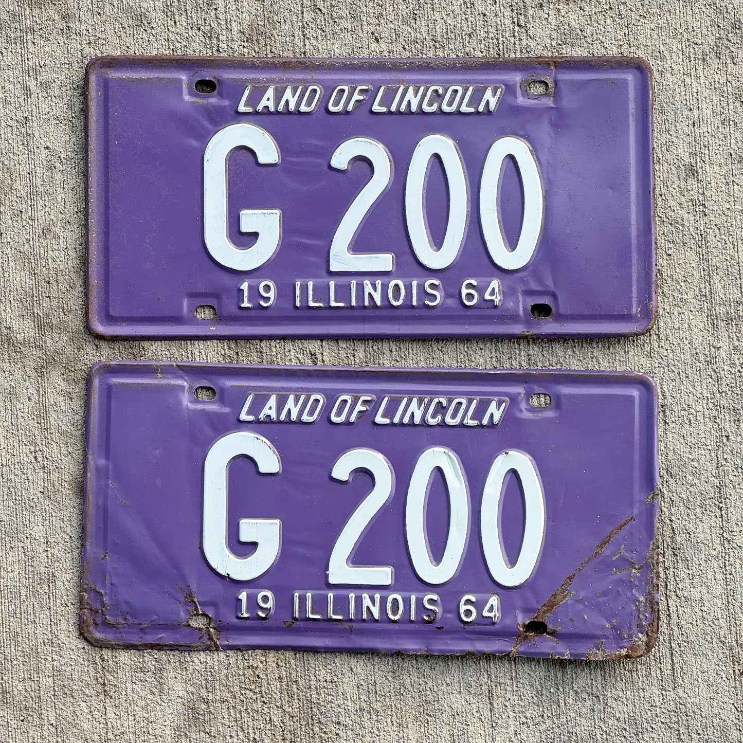 Photo of a 1964 Illinois Truck License Plate Pair Auto Tag Garage Decor Vintage Low Number Three Digit G 200 with original patina