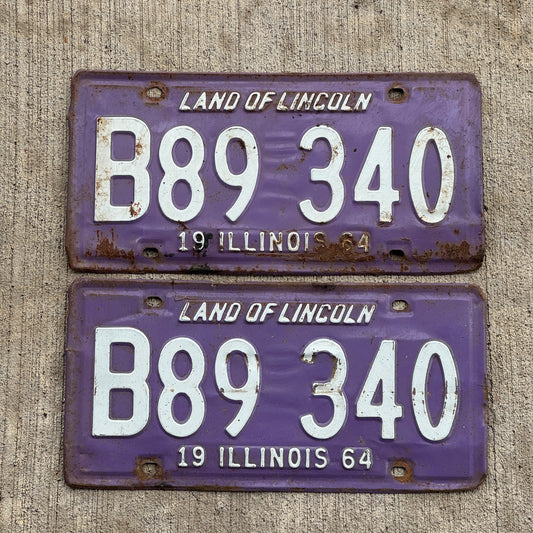 Photo of a 1964 Illinois Truck License Plate Pair Auto Tag Garage Decor Vintage Purple B 89 340 with original patina