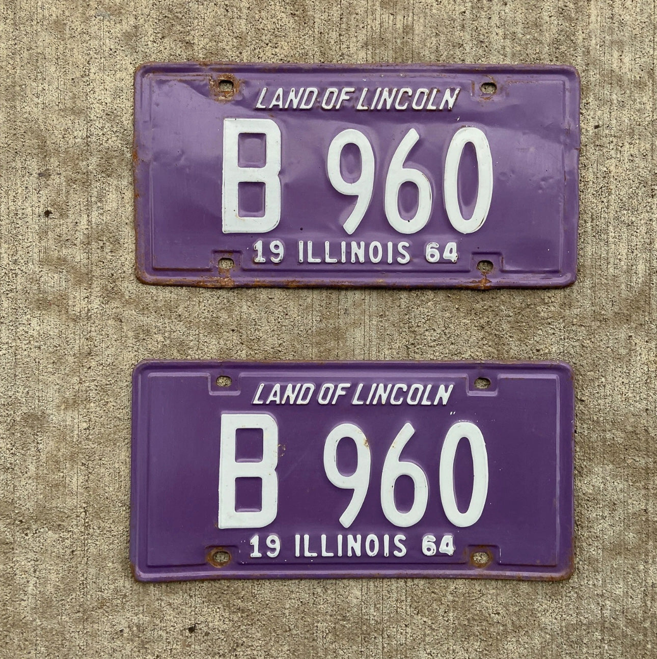 Photo of a 1964 Illinois Truck License Plate Pair Auto Tag Garage Decor Vintage Purple B 960 with original patina