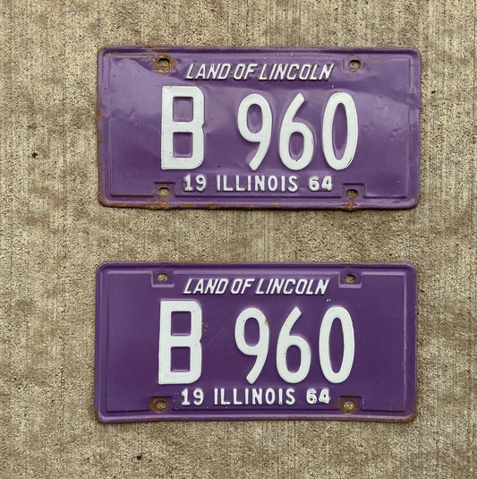 Photo of a 1964 Illinois Truck License Plate Pair Auto Tag Garage Decor Vintage Purple B 960 with original patina