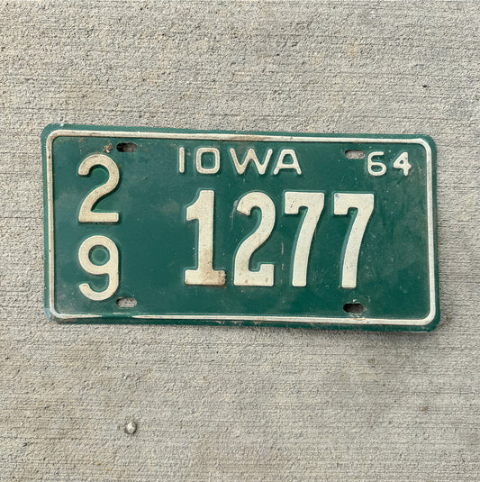 Photo of a 1964 Iowa License Plate Auto Tag Garage Decor Vintage 29 1277 with original patina