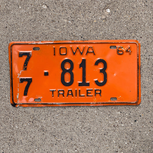 Photo of a 1964 Iowa Trailer License Plate Auto Tag Garage Decor Vintage 77 813 with original patina