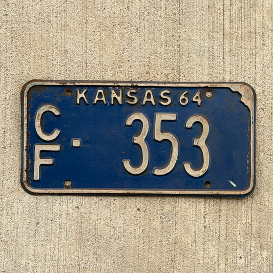 Photo of a 1964 Kansas License Plate Auto Tag Garage Decor Vintage CF 353 with original patina