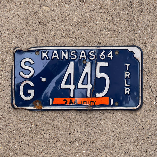 Photo of a 1964 Kansas Trailer License Plate Auto Tag Garage Decor Vintage SG 445 with original patina