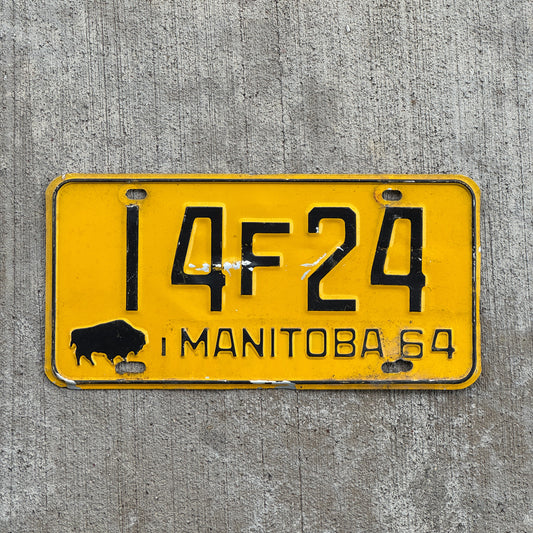 Photo of a 1964 Manitoba License Plate Auto Tag Garage Decor Vintage Buffalo Bison 14 F 24 with original patina