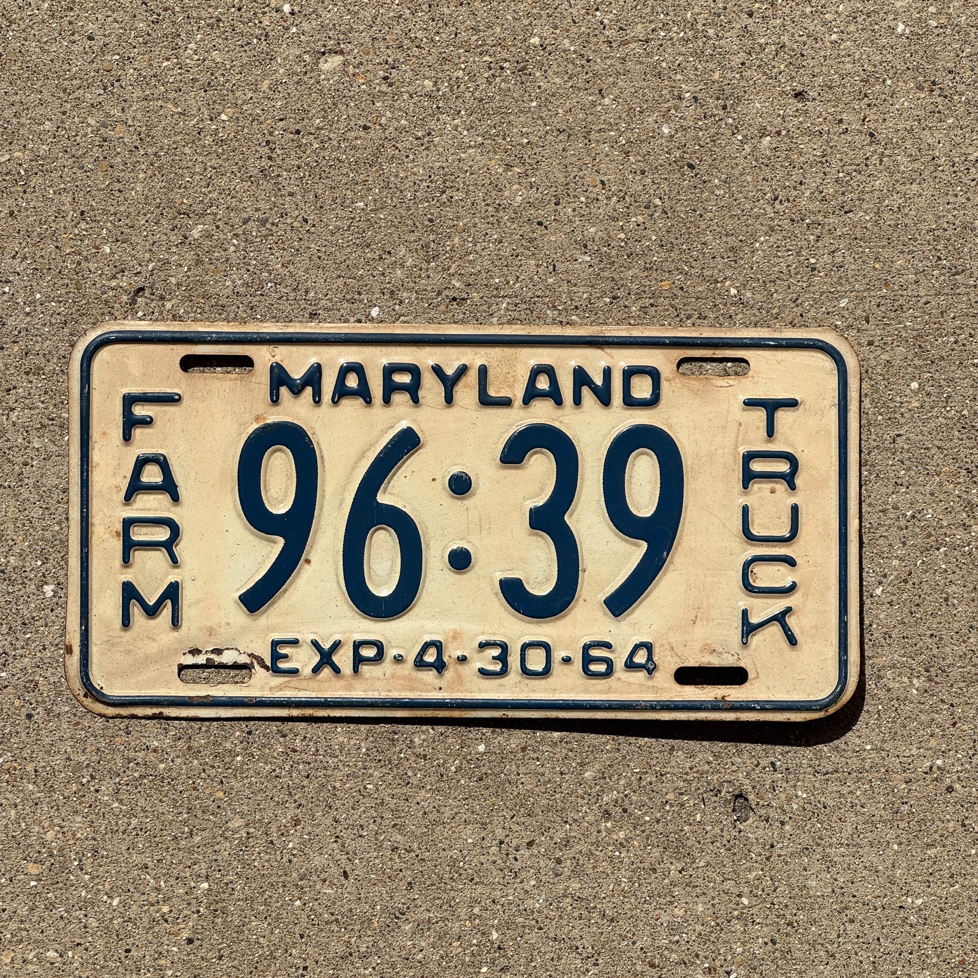 Photo of a 1964 Maryland FARM TRUCK License Plate Auto Tag Garage Decor Vintage 9639