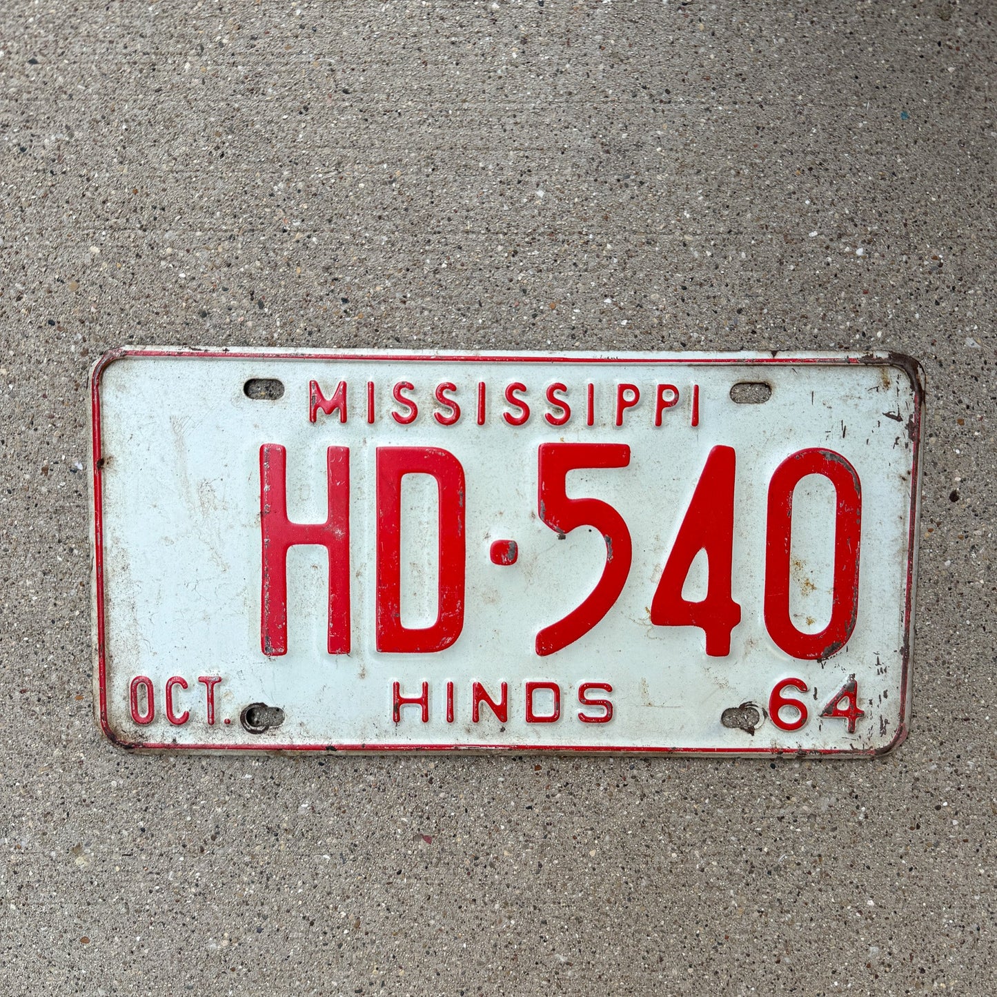 Photo of a 1964 Mississippi License Plate Auto Tag Garage Decor Vintage Hinds County HD 540 with original patina